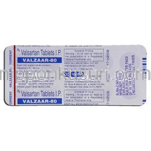 バルザー80 valzaar 80, バルサルタン 80mg, 錠, 包装裏面