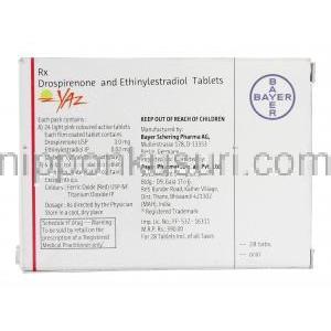 ヤズ Yaz, ドロスピレノン/ エチニルエストラジオール, 3.0mg/ 0.02mg, 錠 箱裏面