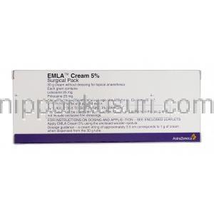 エムラ5% クリーム 30g, Emla 5%, リドカイン 25mg/ プリロカイン25mg 箱裏面