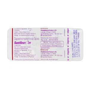 サスティネックス-30 Sustinex-30, プリリジー ジェネリック, ダポキセチン, 30 mg, 錠, 包装裏面