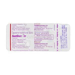 サスティネックス-30 Sustinex-30, プリリジー ジェネリック, ダポキセチン, 30 mg, 錠, 包装裏面