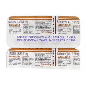 アジナル-5 Aginal-5, ノルバスク・アムロジン ジェネリック, 5 mg, 錠, 包装裏面