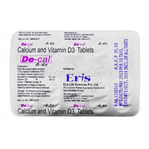 デ-カル De-cal, カルシマックス ジェネリック, カルシウム500mg Vitamin D3 250 iu, 錠, 包装裏面