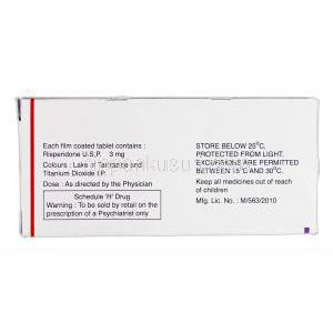 レスピドン-3 Respidon-3, リスパダール ジェネリック, リスペリドン, 3mg, 錠, 箱裏面