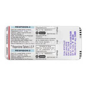 レスピドン-3 Respidon-3, リスパダール ジェネリック, リスペリドン, 3mg, 錠, 包装裏面