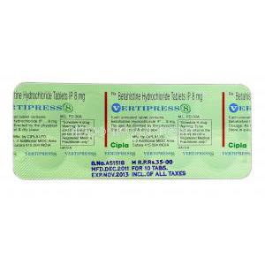 バーティプレス8 Vertipress 8, メリスロン ジェネリック, , ベタヒスチン, 8 mg, 錠, 包装裏面