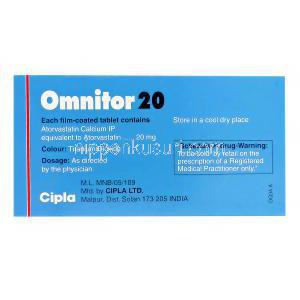 オムニトール Omnitor, リピトール ジェネリック, アトルバスタチン 20mg , 錠, 箱裏面