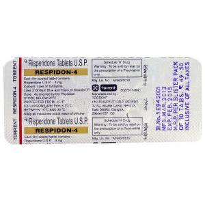 レスピドン Respidon, リスパダール  ジェネリック, リスペリドン 4mg 錠, 包装裏面