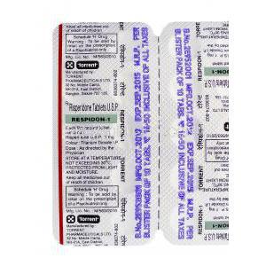 レスピドン Respidon, リスパダール  ジェネリック, リスペリドン 1mg 錠, 包装裏面