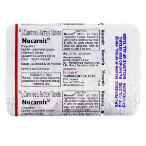 ヌカルニット Nucarnit, カルニトール ジェネリック, L-カルニチン L-Tartrate 330mg, 錠, 包装裏面