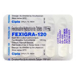 フェキシグラ Fexigra, アレグラ ジェネリック, フェキソフェナジン  120mg 錠, 包装裏面