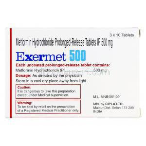 エクサーメット Exermet, グルコファージ ジェネリック, メトホルミン 500mg 持続性錠, 箱裏面