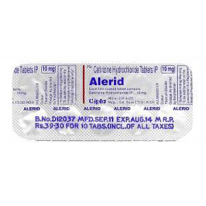 アレリッド Alerid, ジルテック  ジェネリック, セチジリン 10mg, 錠, 包装裏面