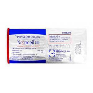 ノートロピル Nootropil, ピラセタム 800mg, 錠, 箱裏面