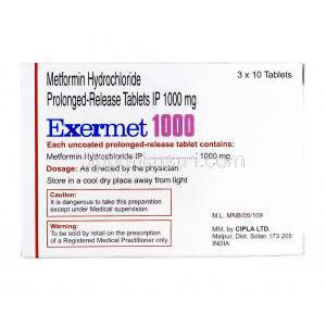 エクサーメット Exermet, グルコファージ ジェネリック, メトホルミン 1000mg 持続性錠, 箱裏面