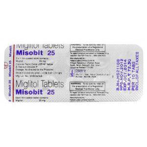 ミソビット Misobit, セイブル ジェネリック, ミグリトール 25mg, 箱, 包装裏面