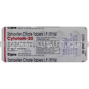 サイトタム Cytotam, ノルバデックス ジェネリック, タモキシフェン 20mg 錠 (Cipla) 包装裏面