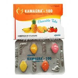 カマグラ, バイアグラ ジェネリック, クエン酸シルデナフィル チュアブル錠 100 mg (Ajanta Pharma) 箱、錠剤