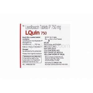 エルクイン750　LQuin 5750, クラビットジェネリック, レボフロキサシン500mg　箱面製造情報