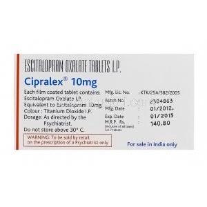 シプラレックス　Cipralex　10mg、エスシタロプラムシュウ10mg　箱裏　製造情報