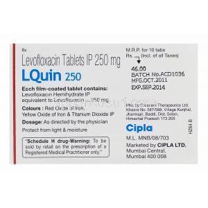 エルクイン250　LQuin 250、 ジェネリックレバクイン、 レボフロキサシン250mg　箱裏情報