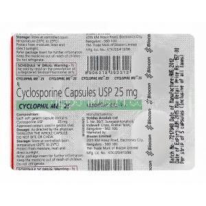 シクロフィル　Cyclophil Me-25、ジェネリックジェングラフ　Gengraf、シクロスポリン25mg　包装裏