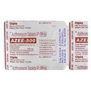 Azee-500　アジー、ジェネリックジスロマック、アジスロマイシン500mg　包装裏面