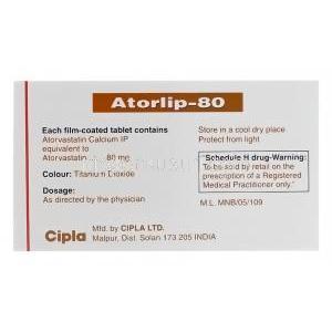 Atorlip-80　アトールリップ、ジェネリックリピトール、アトルバスタチン80mg　箱裏情報