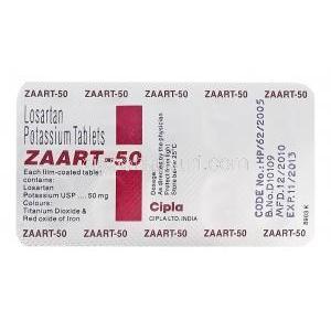 ザート　Zaart-50、ジェネリックコザール、ロサルタンカリウム50mg　包装裏面