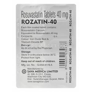 Rozatin-40　ロザチン、ジェネリッククレストール、ロスバスタチン40mg　包装裏情報