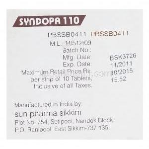 Syndopa110　シンドパ、ジェネリックシネメット、レボドパ100mg　カルビドパ10mg　製造情報