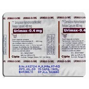 タムスロシン, Urimaxカプセル 0.4MG (CIPLA)