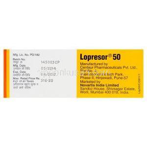 ロプレッサー　Lopresor50、メトプロロール酒石酸塩50mg　製造会社