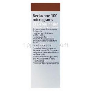 ベクラゾーンノンフロン吸入器　Beclazone、ベクロメタゾン無水100mcg 200MD　箱裏情報