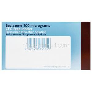 ベクラゾーンノンフロン吸入器　Beclazone、ベクロメタゾン無水100mcg 200MD　箱底面