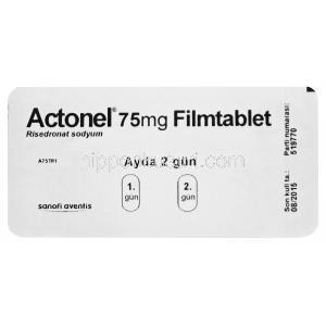 アクトネル、リセドロン酸ナトリウム75mg 包装裏面