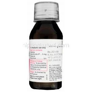 アレリド　Alerid、ジェネリックジルテック、セチリジン塩酸 5mg/5ml 30ml ボトル面　成分