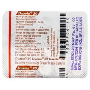 デュゼラ Duzela、ジェネリックシンバルタ、デュロキセチン20mg 包装裏面