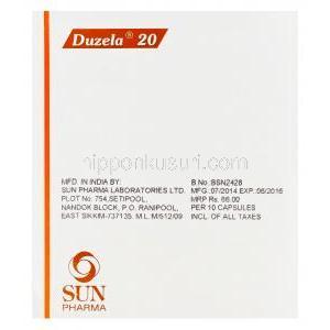 デュゼラ　Duzela、ジェネリックシンバルタ、デュロキセチン20mg　Sun Pharma製