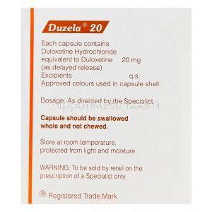 デュゼラ Duzela、ジェネリックシンバルタ、デュロキセチン20mg 箱裏情報