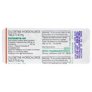 デュバンタ Duvanta、ジェネリックシンバルタ、デュロキセチン 60mg 包装裏面