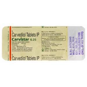  カービスター　Carvistar、ジェネリックコレグ　Coreg、カルベジロール　6.25mg　包装裏面