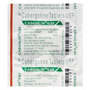 Cabgolin 0.25、ジェネリックドスティネックス　Dostinex、カベルゴリン　0.25mg　包装シート