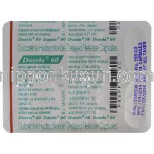 デュゼーラ Duzela60、ジェネリックシンバルタ、デュロキセチン60mg 包装シート裏面