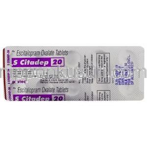 レクサプロ ジェネリック, エスシタロプラム, S-Citadep,  20 mg ブリスターパック 情報