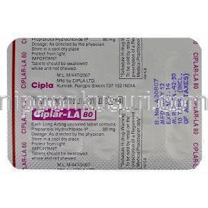 Ciplar-LA80、ジェネリックインデラルLA、プロプラノロール塩酸塩 80mg 包装シート裏面