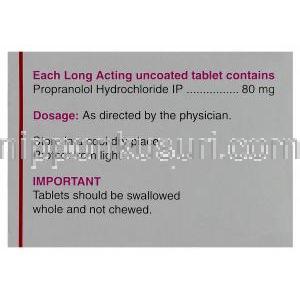 Ciplar-LA80、ジェネリックインデラルLA、プロプラノロール塩酸塩 80mg 箱裏面情報