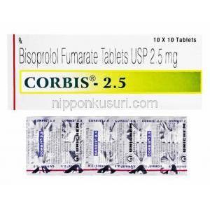 ビソプロロール (メインテートジェネリック), Corbis,  2.5 mg 錠 (Unichem) 箱、錠剤