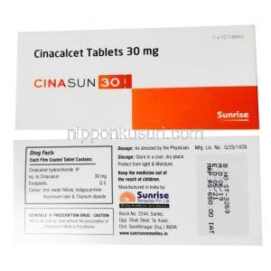 シナカルセト錠, 30mg, シナサン30, 製造元：Sunrise, 箱表面, 箱裏面情報
