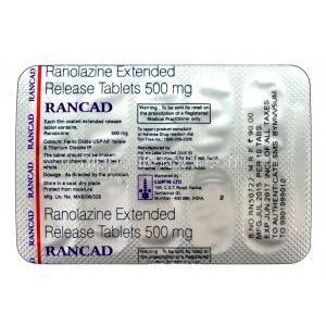 ランカッド，ラネクサジェネリック，ラノラジン 500mg 徐放性製剤　パッケージ